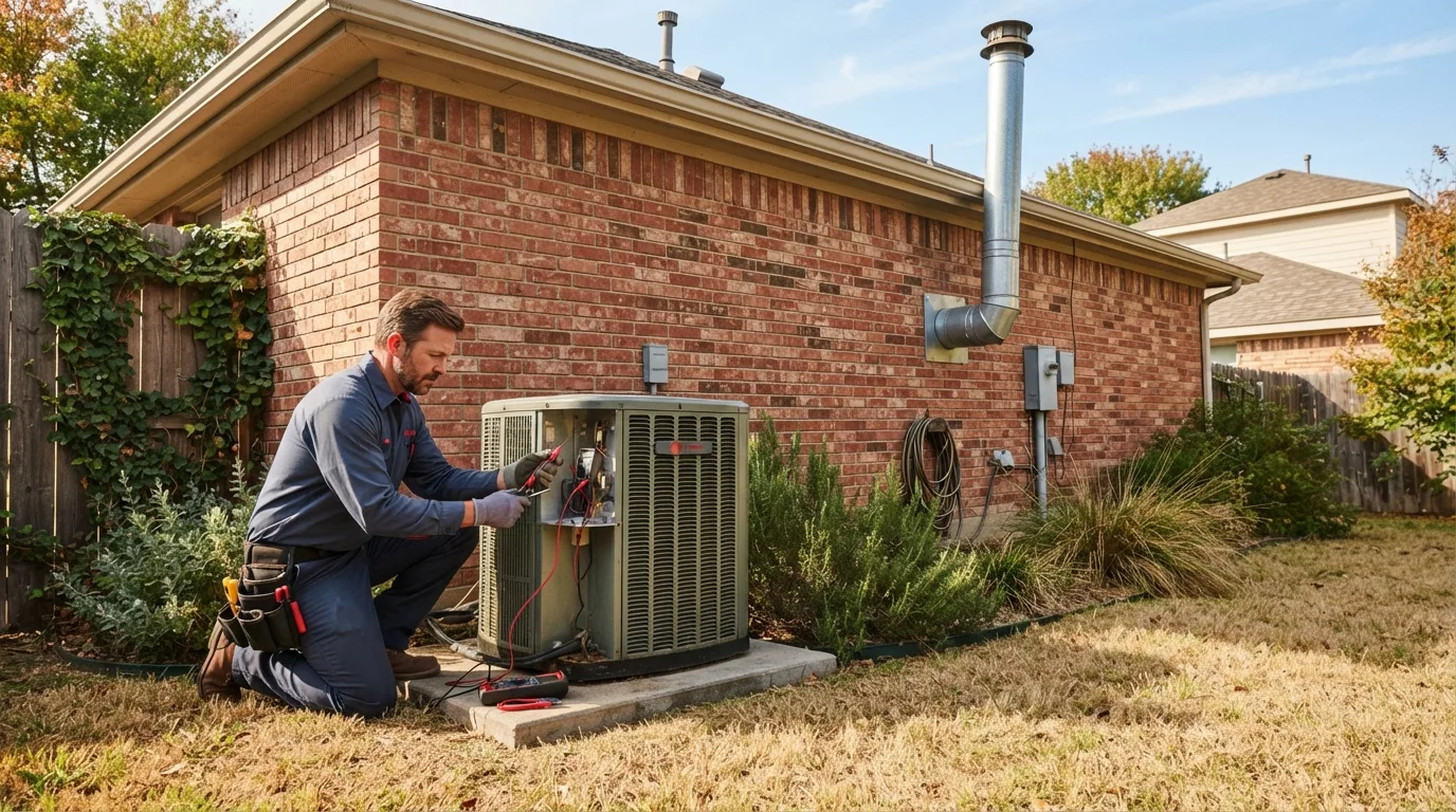 A technician inspects an outdoor air conditioner at a Dallas-area home in strong late-spring sunlight.