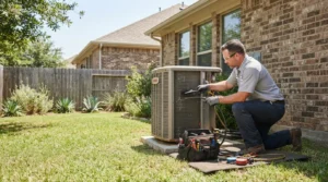 Wide editorial photograph for an article about twice-yearly HVAC maintenance before Texas weather extremes.