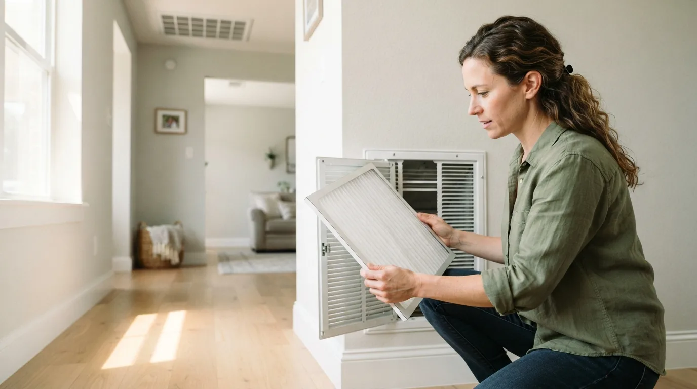 A homeowner checks a clean HVAC air filter beside a return grille, with an unobstructed supply vent in the background.