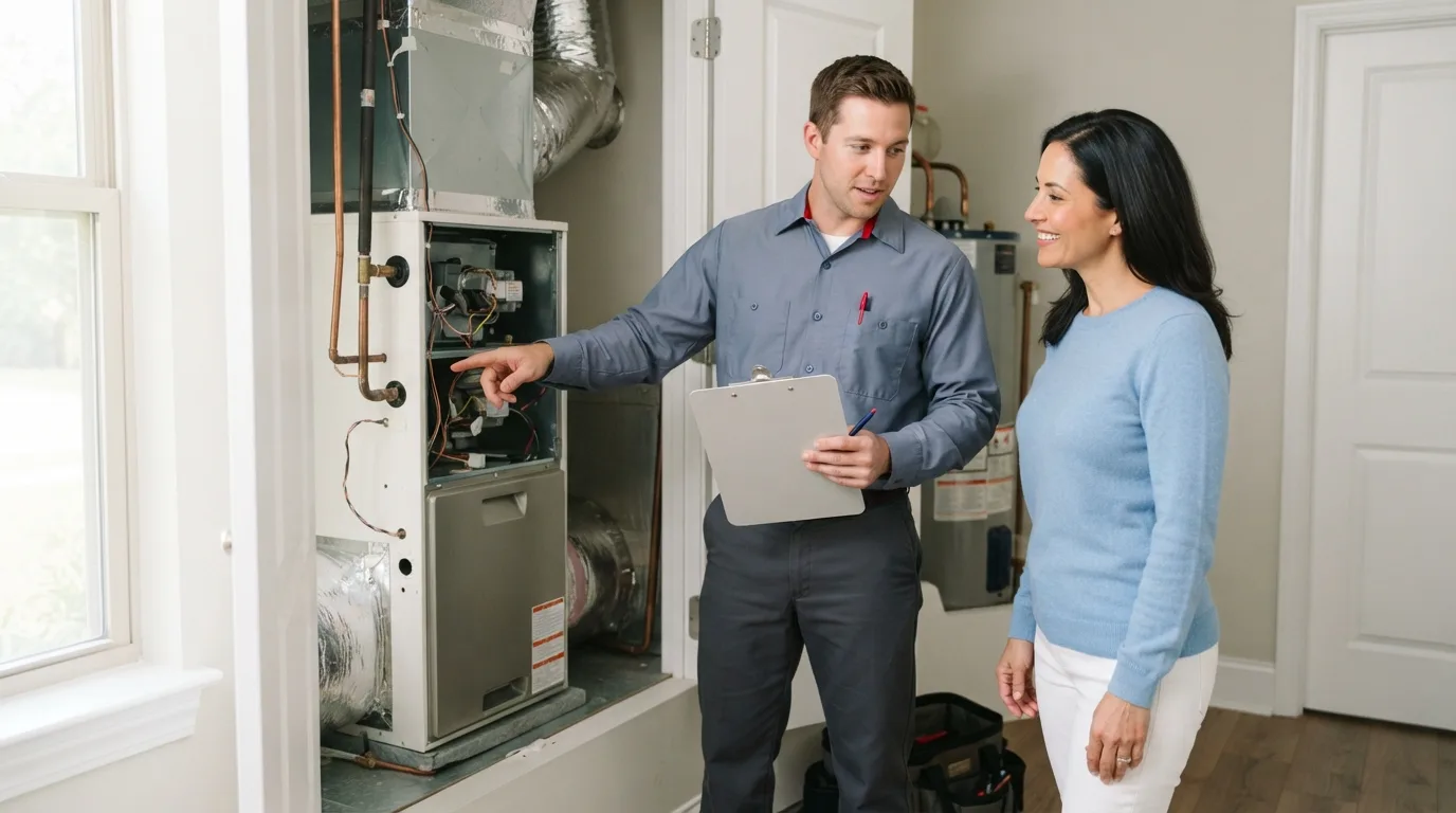 An HVAC technician reviews inspection findings with a homeowner beside an open indoor air handler.