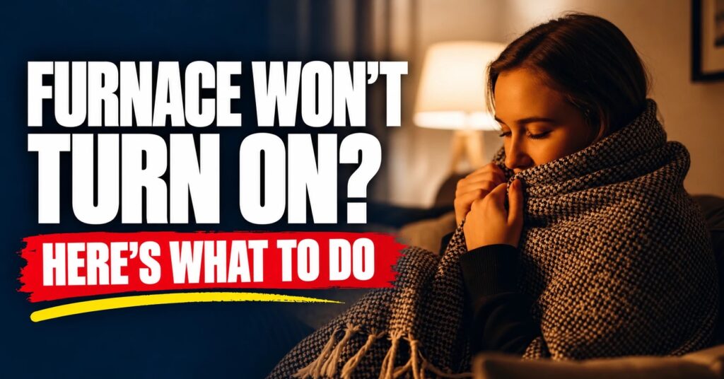 Woman wrapped in a blanket in a cold living room with the text Furnace Won't Turn On? Here's What to Do