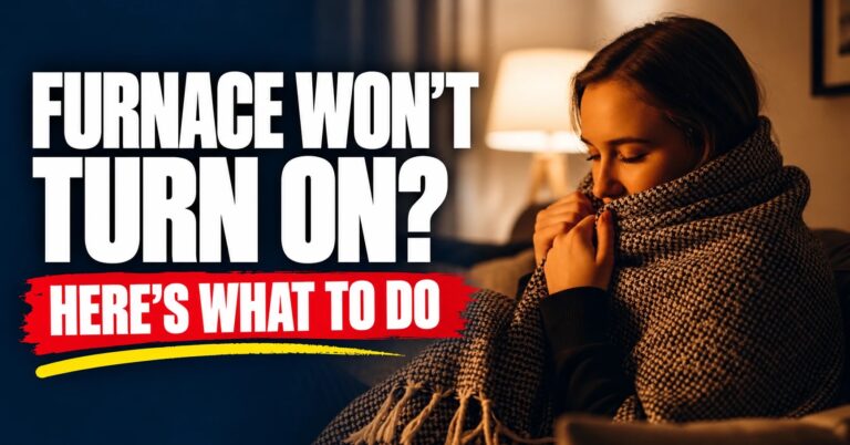 Woman wrapped in a blanket in a cold living room with the text Furnace Won't Turn On? Here's What to Do